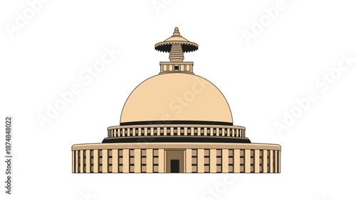 A stunning illustration of the iconic India Parliament building, a prominent landmark in New Delhi, showcasing its distinctive golden dome and architectural details against a clean white