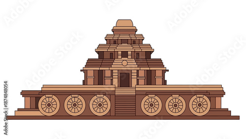 Illustration of the iconic Konark Sun Temple, a historic Indian landmark and architectural marvel, depicted as a large stone chariot with ornate wheels and a pyramid-like structure, set
