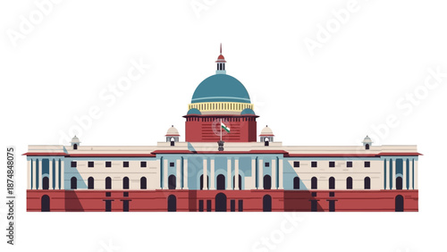 Illustration of the Rashtrapati Bhavan, India's iconic presidential palace landmark in New Delhi, showcasing its distinctive blend of colonial and Indian architectural styles with a large