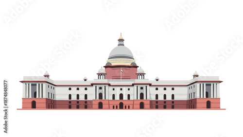 Illustration of the iconic Indian Parliament building, a prominent landmark in New Delhi, India, showcasing its distinctive white and red architecture with a large central dome.