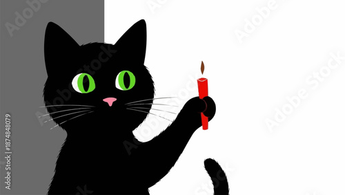 Black cat holding a lit red candle in its paw.