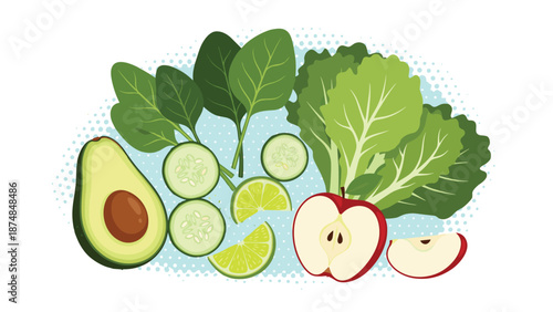 Fresh green vegetables and fruits including avocado, spinach, cucumber, lime, and apple arranged for a healthy lifestyle theme.