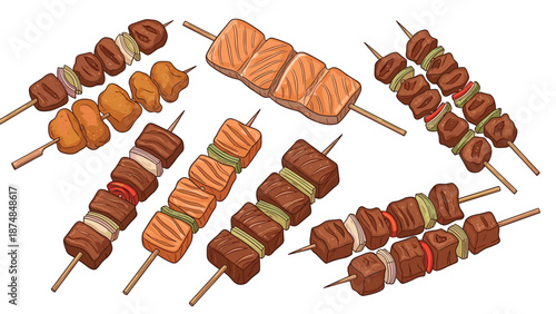Assortment of grilled meat and seafood skewers with vegetables like onions and peppers for a summer barbecue or picnic theme.