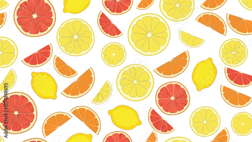 Vibrant pattern of citrus fruit slices including lemon, orange, and grapefruit scattered across a clean white background.