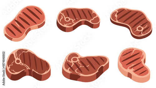 Set of six grilled beef steaks with different shapes and visible grill marks representing various prime cuts of meat.