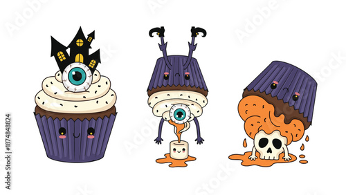 Three creepy Halloween cupcakes featuring a haunted house, an inverted cupcake with an eyeball, and a skull with orange glaze.