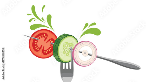 Fresh tomato, cucumber, and onion slices skewered on a fork with green splashes for a healthy salad and vegetarian food concept.