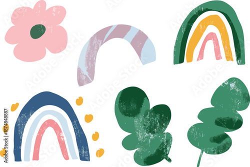 Modern Botanical Rainbow Set, Playful Arches, Leaves and Flowers in Artistic Style, Floral Rainbow Vector Pack, Handcrafted Nature Motifs for Posters and Stationery