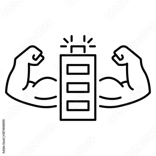 strong battery icon, active power icon, untapped potential, stronger arms gain muscle, thin line symbol on white background - editable stroke vector illustration