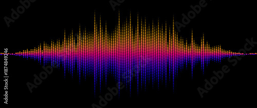 Bright neon abstract sound wave element. Dotted music equalizer shape design. Audio radio signal visualization concept. Shining digital voice assistant line pattern. Song track sample player. Vector