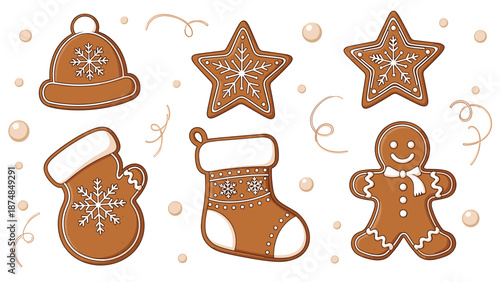 Set of decorated Christmas gingerbread cookies in shapes like a star, mitten, stocking, gingerbread man, and snowflake hat.