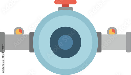 Industrial water pipe with a central blue valve red handle and two pressure gauges.