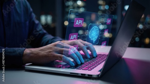 API and AI technologies. Business workflow automation. Platform for AI integration and data communication. Businessperson using laptop computer.