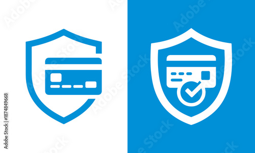 Secure credit card payment and financial data protection vector icons with shield and check mark symbols