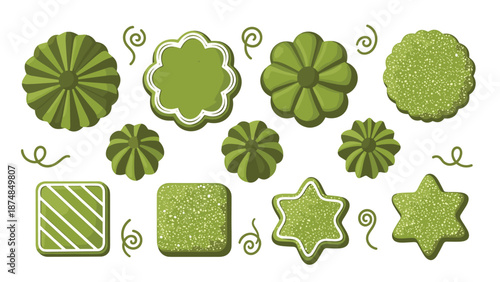 Assortment of green matcha tea flavored cookies in various shapes like flowers, stars, and squares with sweet white icing.