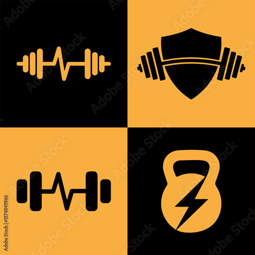 Fitness-themed graphic featuring four icons: a heartbeat dumbbell, a shield with dumbbells, a simple dumbbell, and a kettle bell with a lightning bolt.