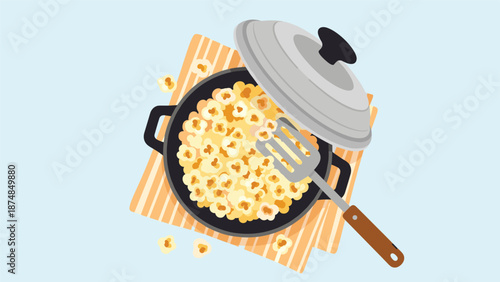 Freshly popped corn in a black pan with a silver lid and a spatula on a striped napkin over a light blue background.