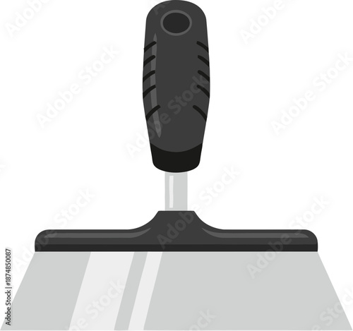 Wide metal putty knife with a black ergonomic handle a flat vector illustration of a construction tool.