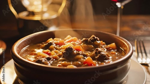 Close up of hearty stew in bowl with wine glass and lantern