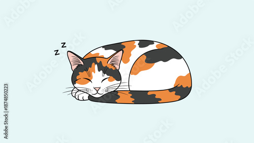 Cute calico cat sleeping peacefully curled into a ball with snoring symbols on a light pastel blue background.