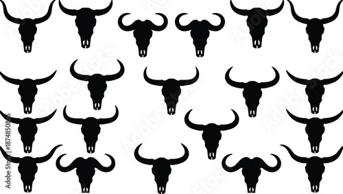 Buffalo skull silhouette collection showing bull cow horned heads isolated on white background, black vector western illustration set design graphic