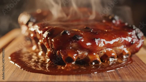 Close up of smoked barbecue ribs on wooden board with sauce