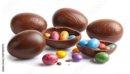 Several dark chocolate eggs, some whole and others split open to reveal small, colorful speckled candies