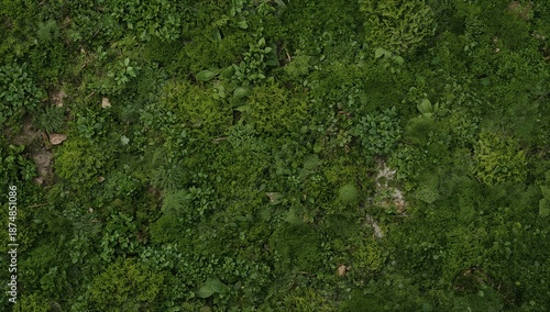 Overhead view of various green plants forming a natural background texture of vibrant foliage