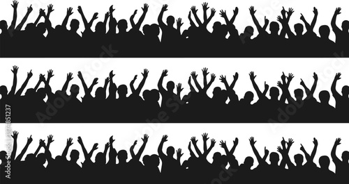 Cheering crowd silhouettes banners, excited audience raising hands, black vector illustration, festival concert celebration background, isolated white design element