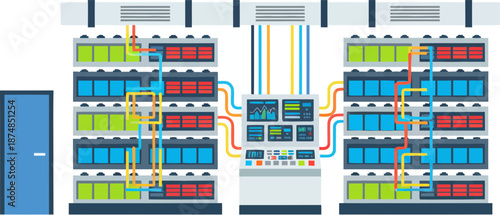 Modern data center with colorful server racks intricate wiring and a central control console.