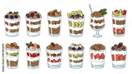 Collection of twelve healthy yogurt parfaits with granola layers and assorted fresh fruit toppings in glasses.