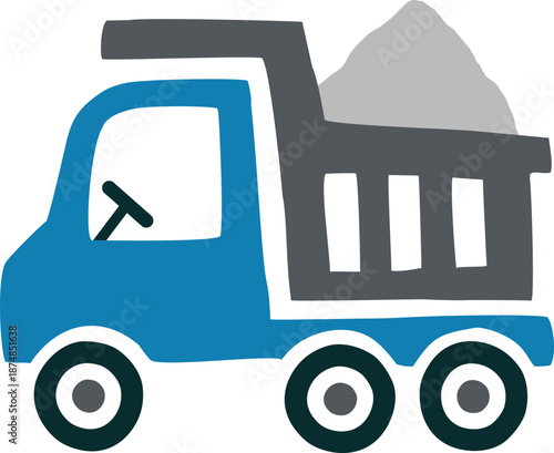 Blue Cartoon Dump Truck with Dirt Load Vector Illustration