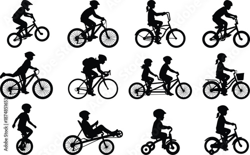 Children cycling silhouette set showing kids riding bicycles and tricycles, active childhood motion icons isolated on white background illustration design