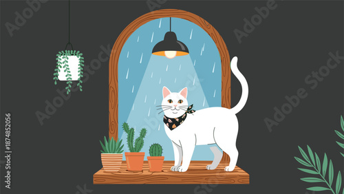 Charming white cat wearing a bandana standing on a wooden windowsill while it rains outside the arched window.
