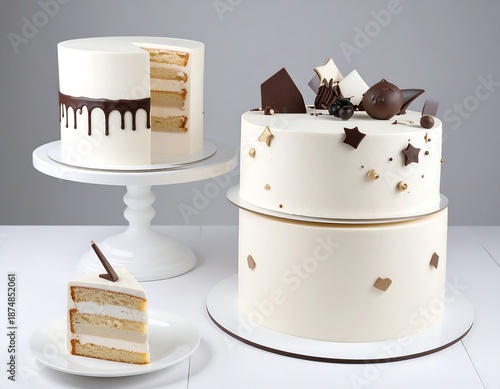 Several elegant, frosted cakes with decorations. One is cut, revealing layers. A slice sits on a plate