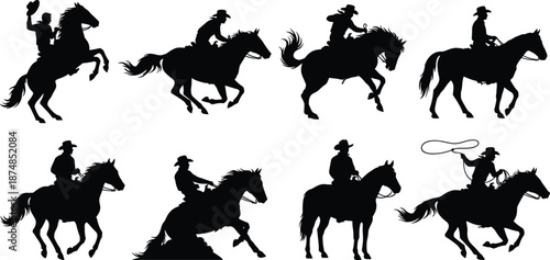Cowboy on horseback silhouettes collection showing western riders galloping rearing roping and riding isolated black figures for rodeo ranch wild west design themes