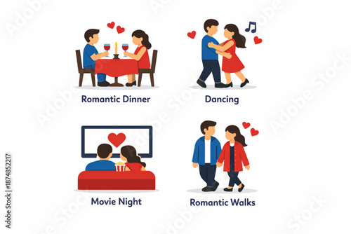 Happy Valentine’s Day Couple Activities Flat Icon Set with Dining and Dancing