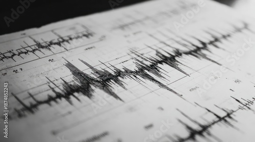 Line graph recorded on paper showing variations in a signal, in black and white