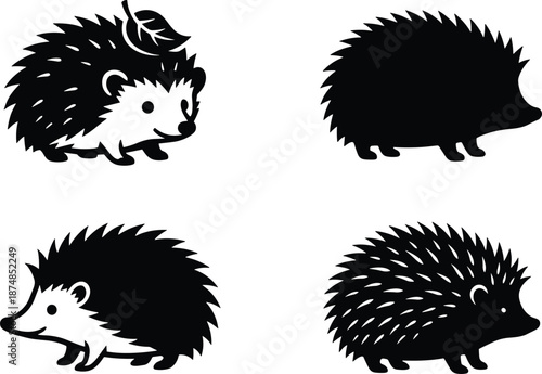 Cute hedgehog silhouettes set featuring cartoon spiky animals isolated black wildlife icons for nature forest kids illustration character design branding stickers prints