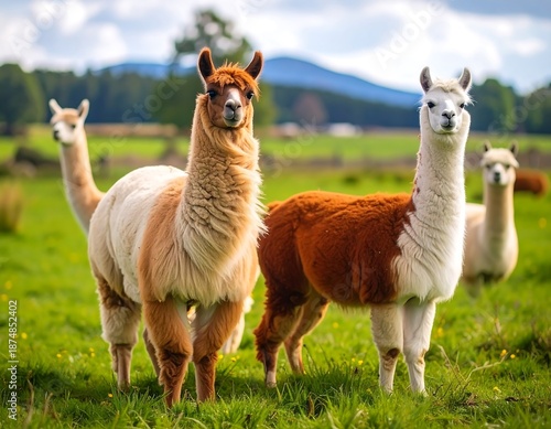 Several fluffy, colorful South American mammals stand in a lush green pasture under a partly cloudy sky. The animals gaze directly at the viewer