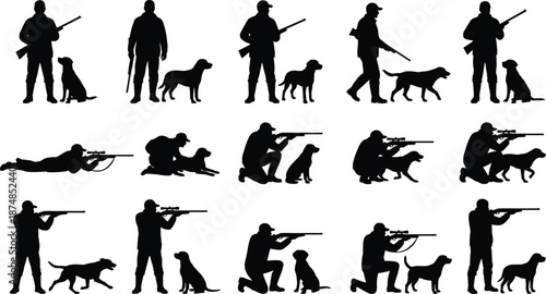 Duck hunting silhouette set of hunter with dog poses, shooting tracking retrieving scenes, black vector illustration isolated white background design
