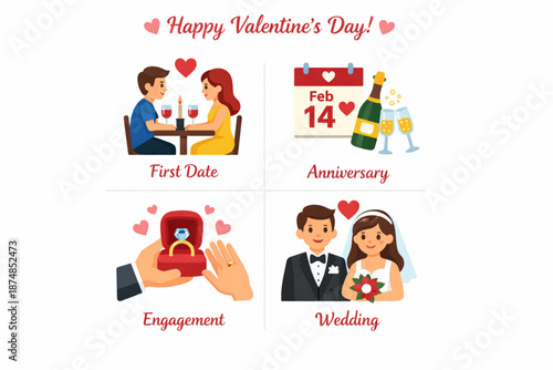 Happy Valentine’s Day Relationship Milestones Flat Icon Set with Dates and Wedding