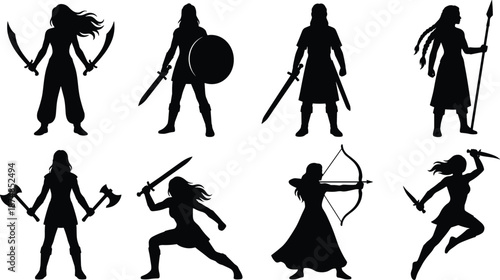 Fantasy warrior silhouettes collection featuring female fighters with swords, shields, axes, bows and spears, isolated black combat poses for RPG, medieval and game design themes.