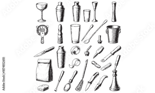 Vintage Bar Tools Collection: Monochrome Cocktail Equipment for Design Projects