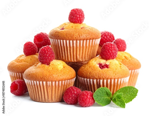 Several freshly baked muffins, each with a vibrant red raspberry garnish, are artfully arranged against a plain white background