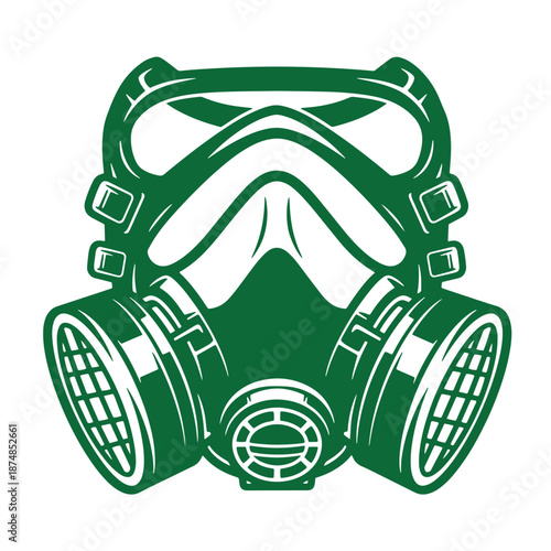 Green gas mask with filter on transparent background for protection and safety  industrial and military use