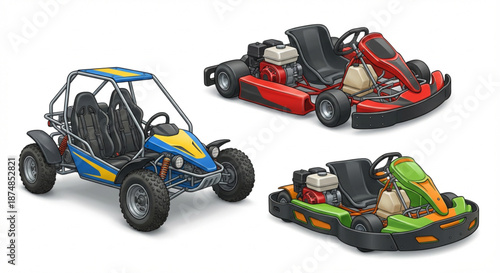 A collection of colorful go-karts, including a dune buggy and two racing karts, isolated on a white background, ready for a speed race or off-road adventure