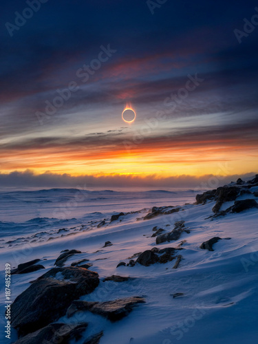 A dramatic annular solar eclipse over icy landscape during February 17, 2026, capturing the “ring of fire” effect with vivid atmospheric sky, photorealistic.