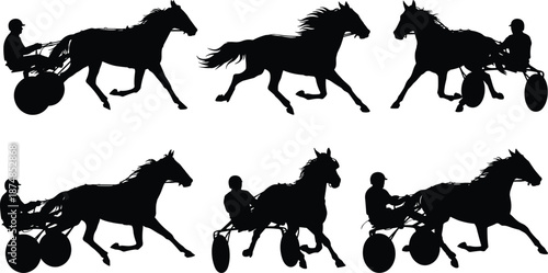 Harness racing horse silhouettes showing trotting horses with sulky drivers isolated black equestrian sport figures for speed motion competition track design and racing posters