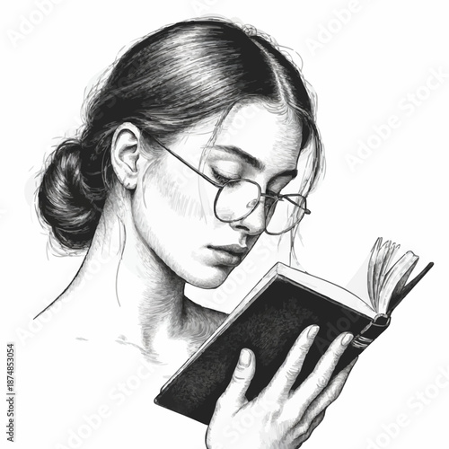 Elegant Minimalist Ink Sketch of a Young Woman Reading a Book with Glasses